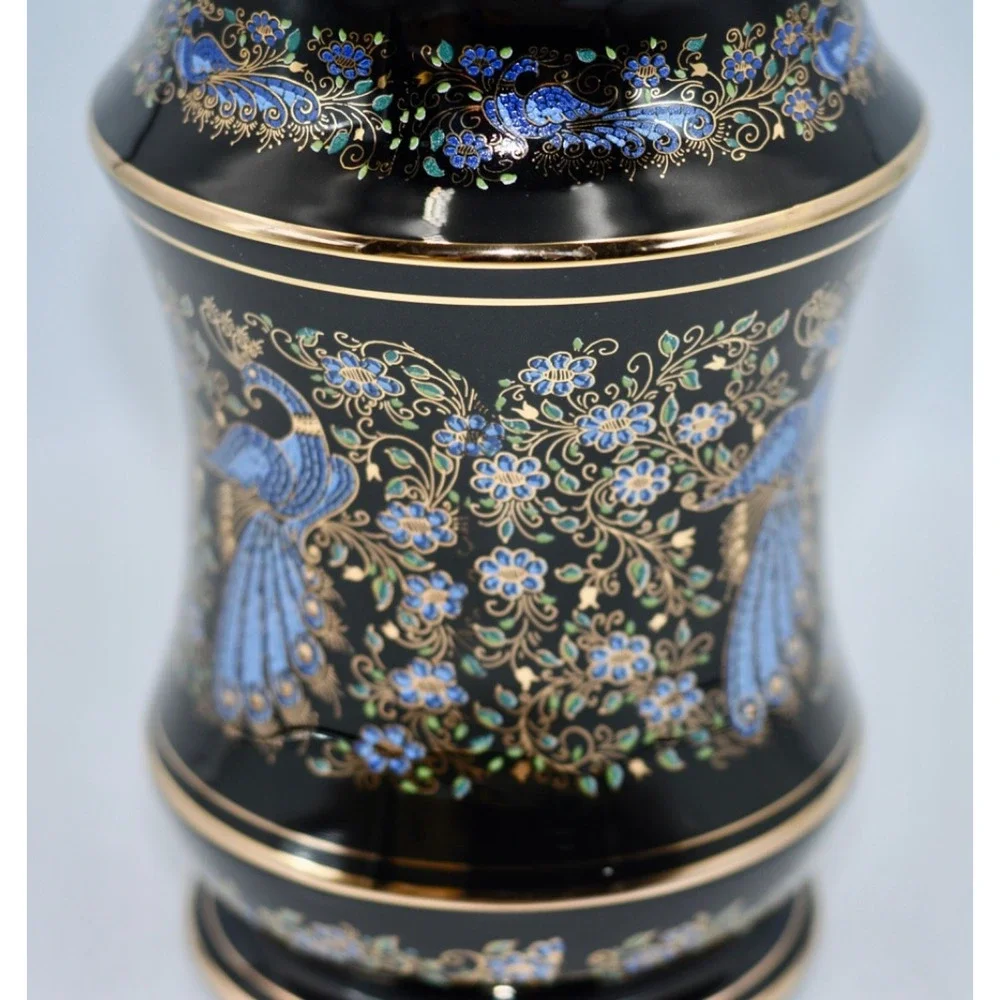 Anapale Greece Back Lidded Canister Jar 24k Gilded Hand Painted Peacock Birds
